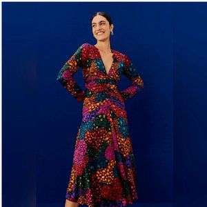 FARM RIO RAINBOW HEARTS LONG SLEEVE V-NECK MIDI DRESS sz S